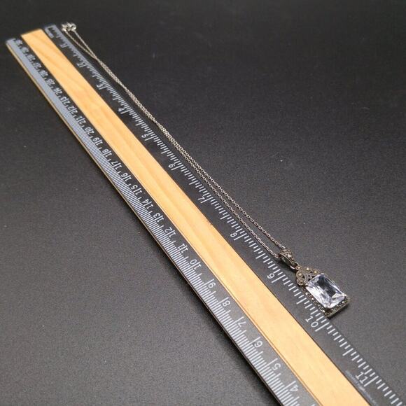 Vintage Sterling Marcasite Clear Crystal Pendant Necklace, Stamped 925 ATI, 17" - Picture 6 of 9